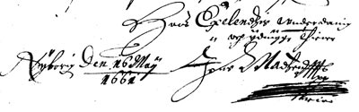 Jens Madtzens underskrift på skrivelse fra 16. maj 1661. Kilde: Jørgen Frøslund-Jensen.